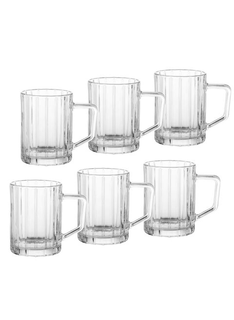 A set of 6 glass cups with engravings that add more beauty to the shape of the cup. Capacity: 400 ml. Height: 10 cm.