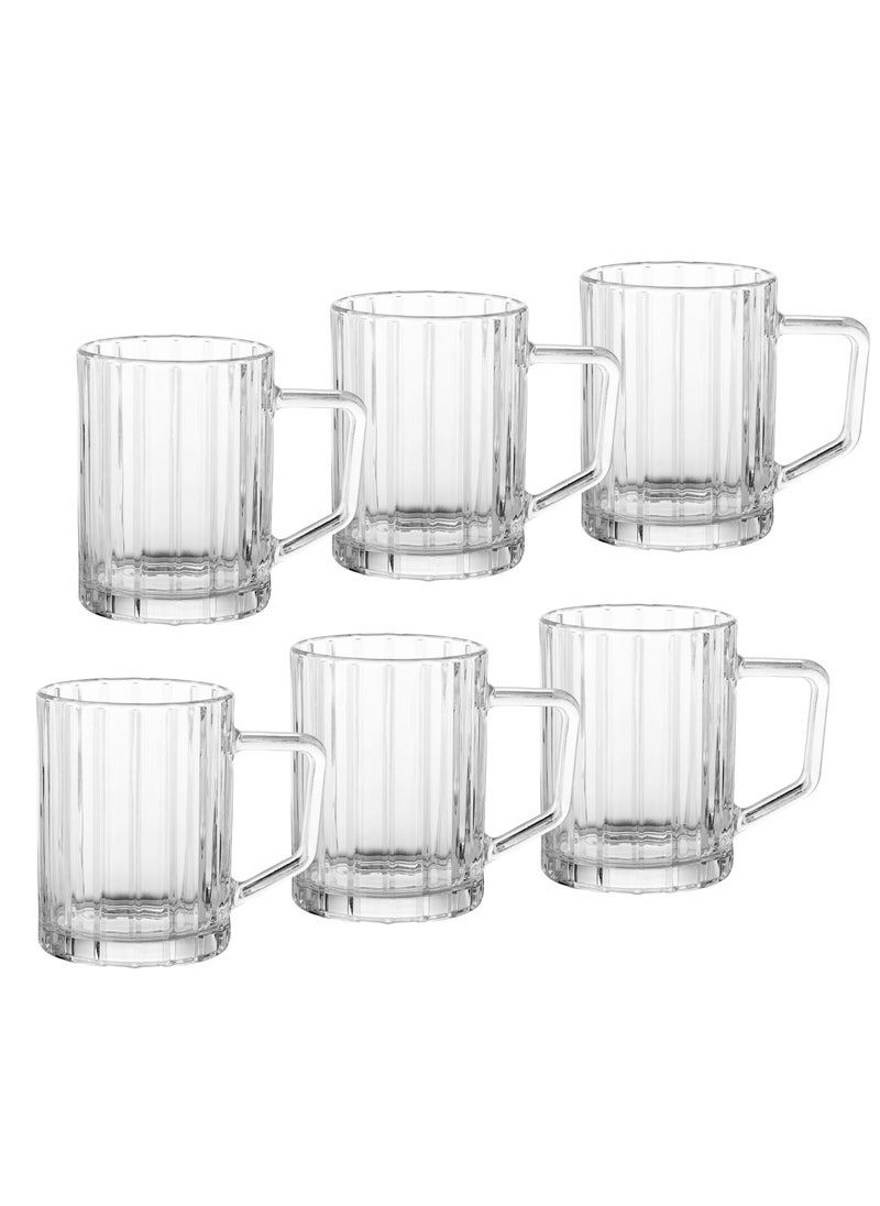 A set of 6 glass cups with engravings that add more beauty to the shape of the cup. Capacity: 400 ml. Height: 10 cm.