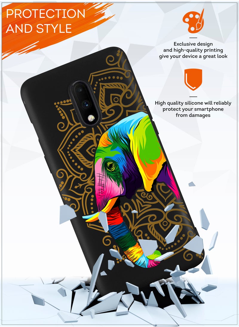 MOBILIUS - for OnePlus 7 Case, Shockproof Protective Phone Case Cover for OnePlus 7, with Jaipur's elephant black Pattern - Image 1