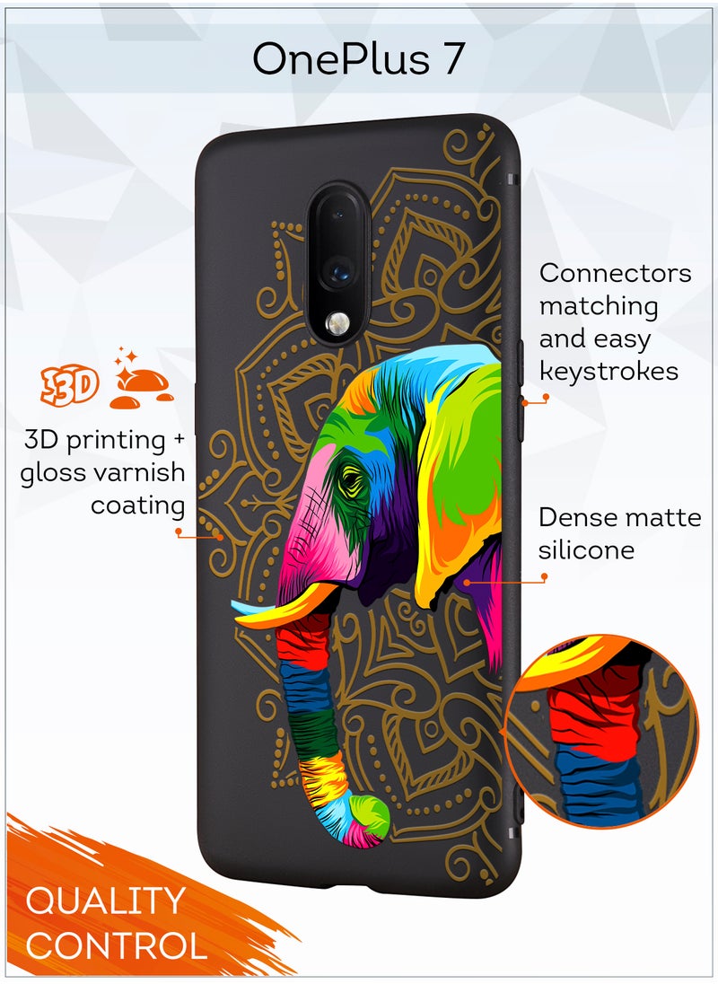 MOBILIUS - for OnePlus 7 Case, Shockproof Protective Phone Case Cover for OnePlus 7, with Jaipur's elephant black Pattern - Image 1
