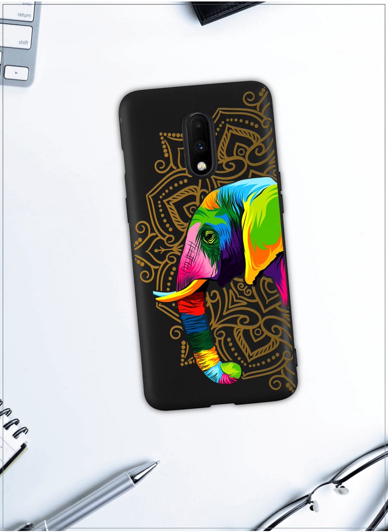 MOBILIUS - for OnePlus 7 Case, Shockproof Protective Phone Case Cover for OnePlus 7, with Jaipur's elephant black Pattern - Image 1