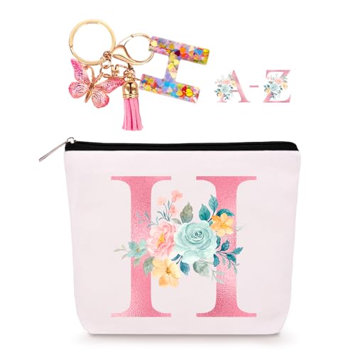 Lingdeer Personalized Makeup Bag with Initial Keychain, Custom Initial Monogram Small Travel Cosmetic Toiletry Bag, Birthday Gifts for Women Bridesmaid Teacher (H) - Image 1