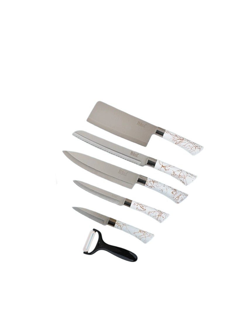 BASURRAH Stainless Steel Kitchen Knife Set with Scissors and Peeler – 6 Sharp Multi-Purpose Pieces for Cutting Meat, Vegetables, and Fruits Easily and Elegantly - Image 4