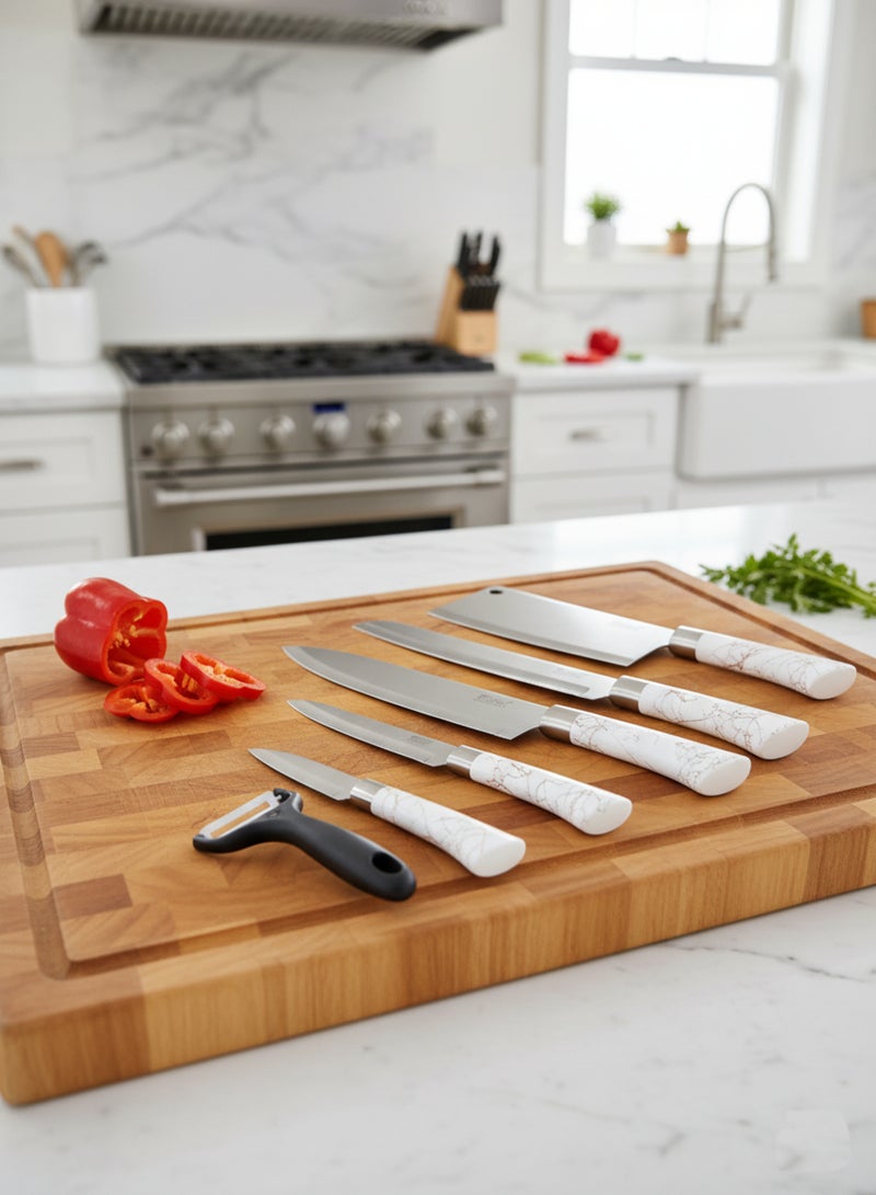 BASURRAH Stainless Steel Kitchen Knife Set with Scissors and Peeler – 6 Sharp Multi-Purpose Pieces for Cutting Meat, Vegetables, and Fruits Easily and Elegantly - Image 2