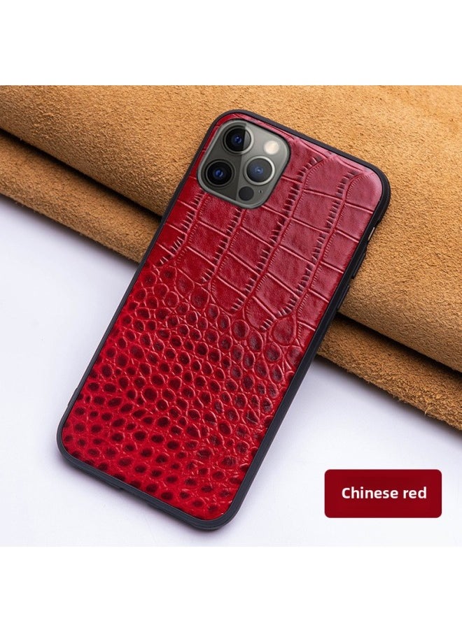 Generic - For Iphone 13Pro Genuine Leather Phone Case For Iphone 12 Up-and-Down Pattern XSMax678P Drop-Resistant Protective Leather Case-Color:Chinese Red-Applicable Model:For Iphone13 Pro - Image 1