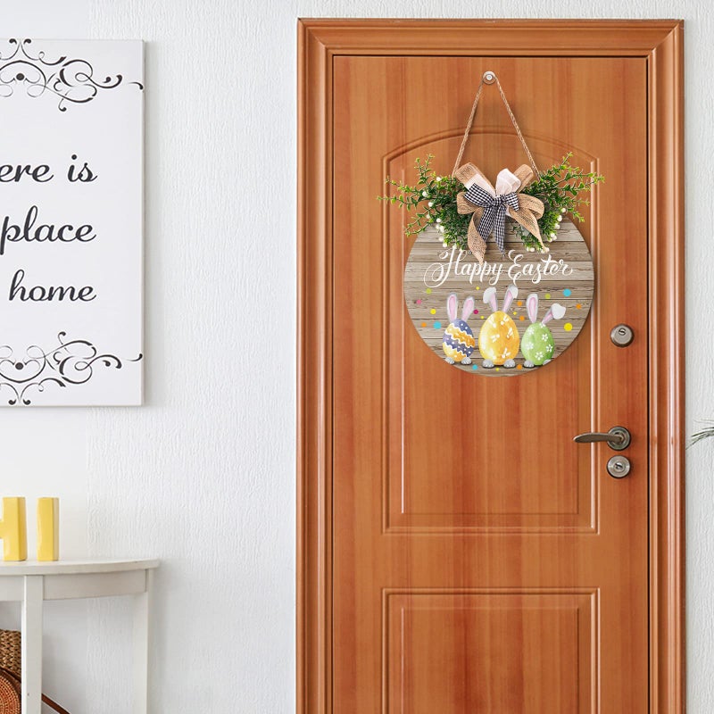 Harooni Happy Easter Wooden Hanging Sign Colorful Eggs Bunny Sign Door Decoration Rustic Easter Wood Wreath Sign for Spring Holiday Front Door Wall Rustic Farmhouse Porch Decor 12 x 12 Inch - Image 5