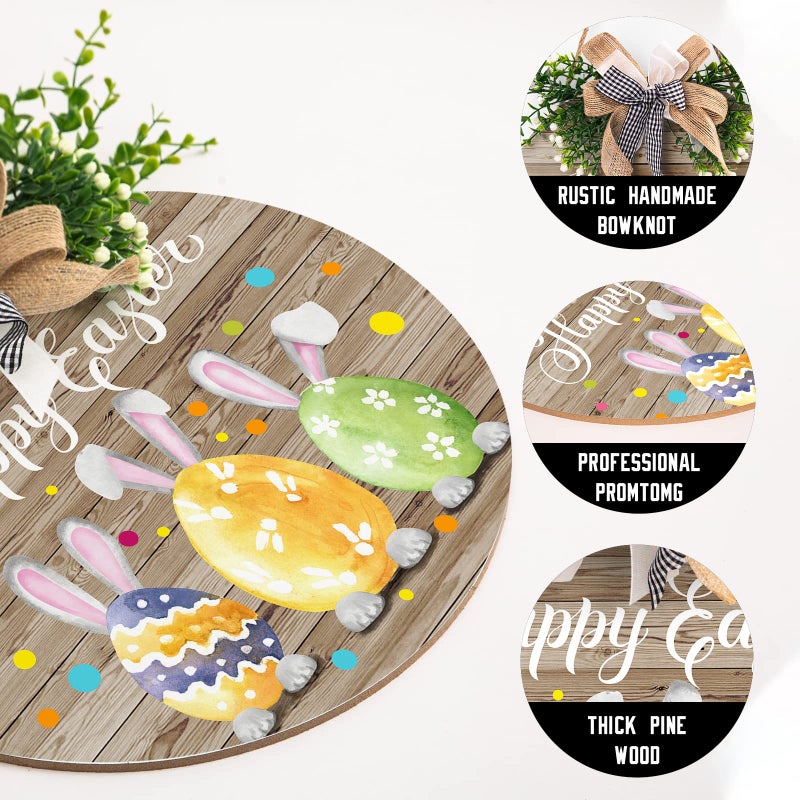 Harooni Happy Easter Wooden Hanging Sign Colorful Eggs Bunny Sign Door Decoration Rustic Easter Wood Wreath Sign for Spring Holiday Front Door Wall Rustic Farmhouse Porch Decor 12 x 12 Inch - Image 3