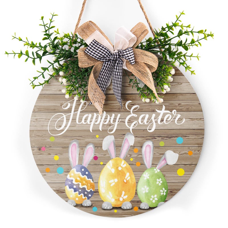 Harooni Happy Easter Wooden Hanging Sign Colorful Eggs Bunny Sign Door Decoration Rustic Easter Wood Wreath Sign for Spring Holiday Front Door Wall Rustic Farmhouse Porch Decor 12 x 12 Inch - Image 1