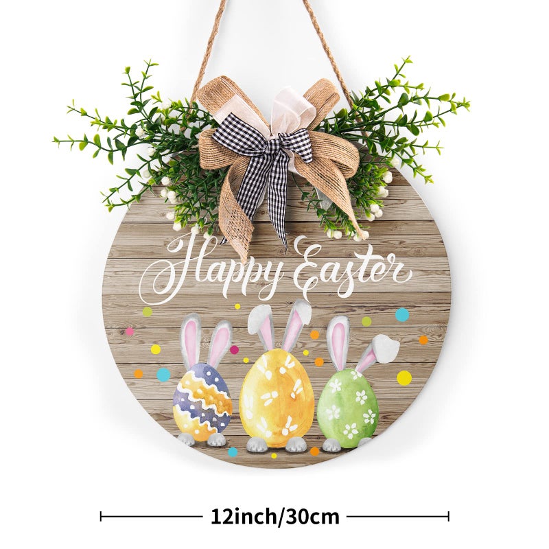 Harooni Happy Easter Wooden Hanging Sign Colorful Eggs Bunny Sign Door Decoration Rustic Easter Wood Wreath Sign for Spring Holiday Front Door Wall Rustic Farmhouse Porch Decor 12 x 12 Inch - Image 2