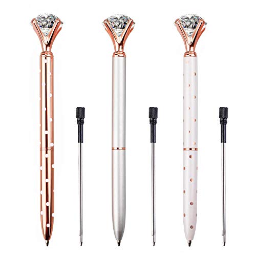 LONGKEY 3PCS Big Crystal Diamond Ballpoint Pen Bling Metal Ballpoint PenOffices and schools, silver/White With Polka Dots/Rose Gold With Polka Dots, Includes 3 Pen Refills - Image 2