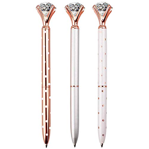 LONGKEY 3PCS Big Crystal Diamond Ballpoint Pen Bling Metal Ballpoint PenOffices and schools, silver/White With Polka Dots/Rose Gold With Polka Dots, Includes 3 Pen Refills - Image 1