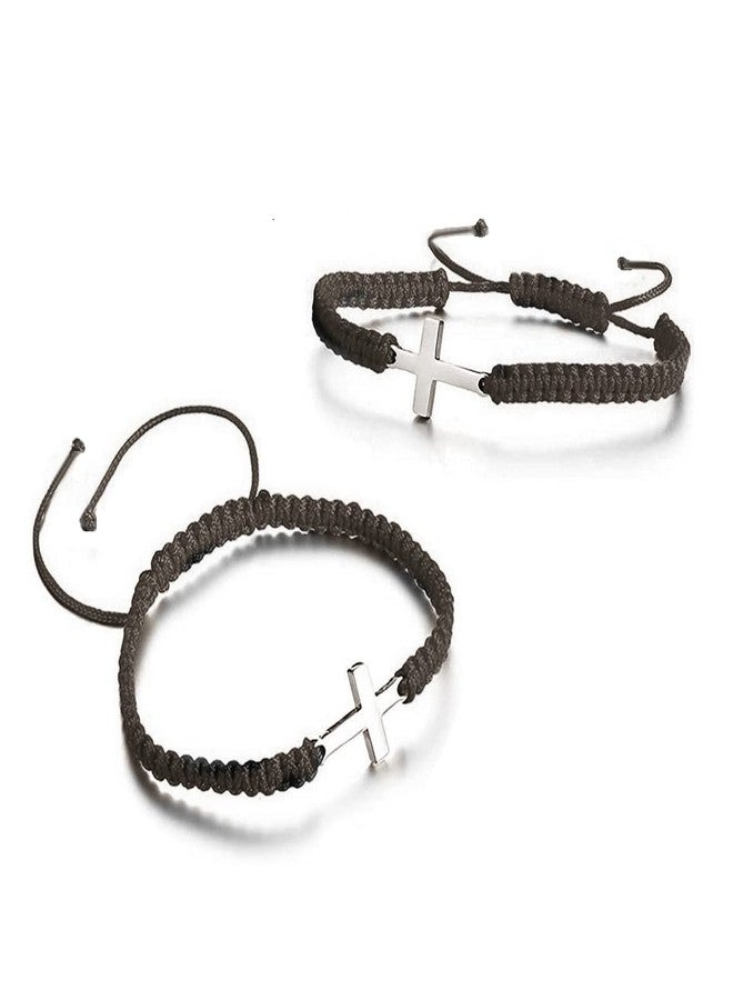 Pingyongchang 2 Pieces Friendship Cross Bracelet Black String Rope Braided Bracelet Stainless Steel Handmade Lucky Matching Couple Strand Bracelets Kabbalah Protection Cross Religion Jewelry-black B - Image 1