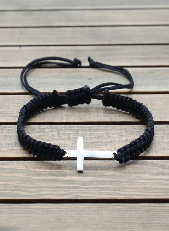 Pingyongchang 2 Pieces Friendship Cross Bracelet Black String Rope Braided Bracelet Stainless Steel Handmade Lucky Matching Couple Strand Bracelets Kabbalah Protection Cross Religion Jewelry-black B - Image 4