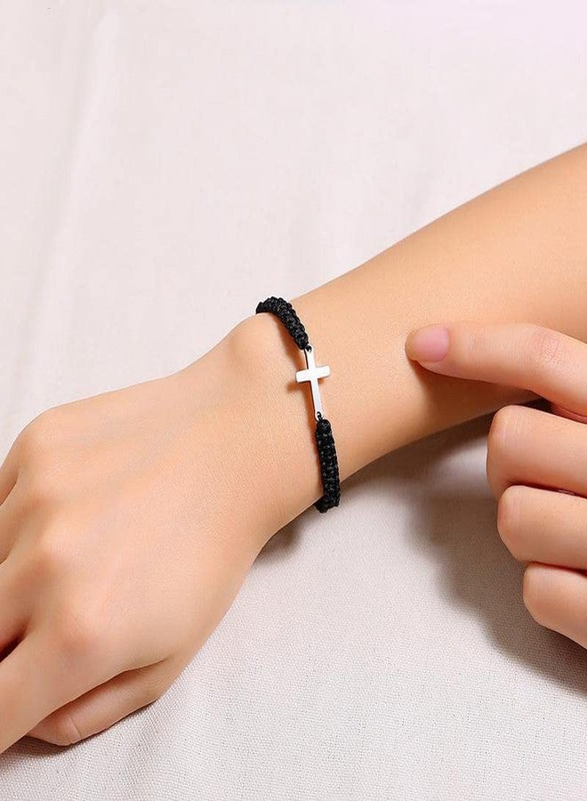 Pingyongchang 2 Pieces Friendship Cross Bracelet Black String Rope Braided Bracelet Stainless Steel Handmade Lucky Matching Couple Strand Bracelets Kabbalah Protection Cross Religion Jewelry-black B - Image 2