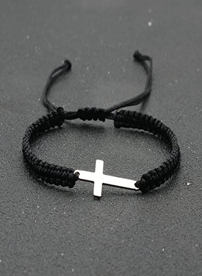 Pingyongchang 2 Pieces Friendship Cross Bracelet Black String Rope Braided Bracelet Stainless Steel Handmade Lucky Matching Couple Strand Bracelets Kabbalah Protection Cross Religion Jewelry-black B - Image 3