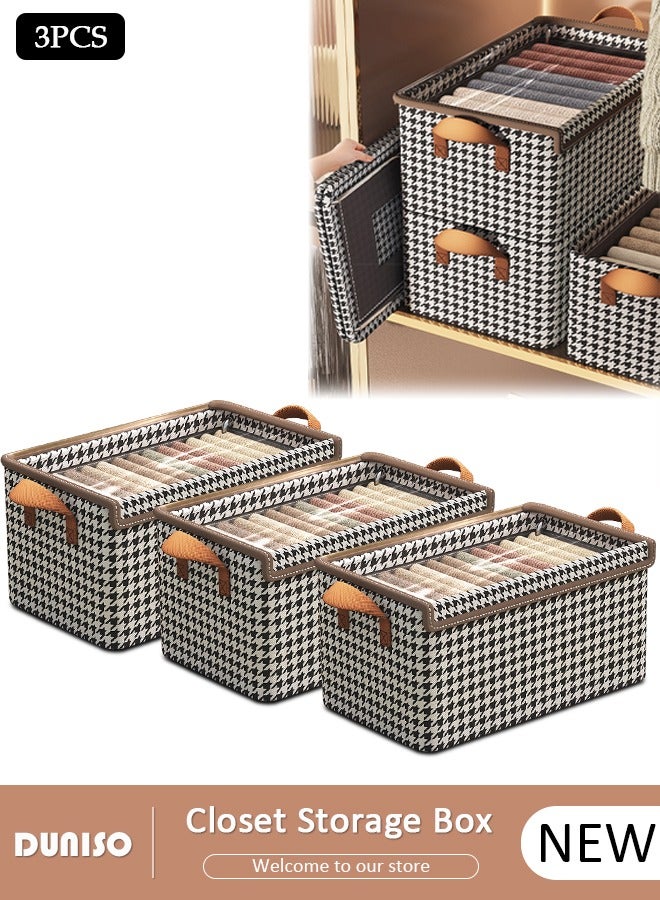 3 Pieces Foldable Closet Storage Organizer with Lids Washable Closet Storage Box with Carrying Handles Cube Storage Bin for Clothes Wardrobe Home Bedroom Office