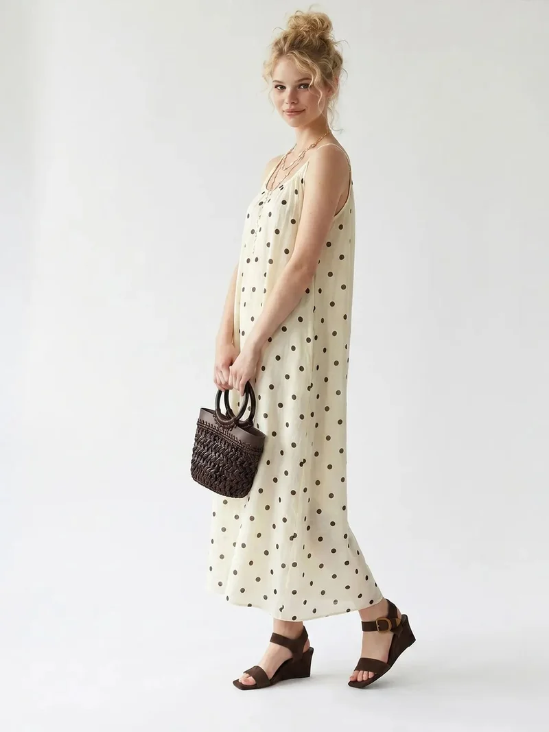 Mixray Cream Natural MIXRAY Polka Dot A-Line Maxi Dress for Women | Best Price UAE