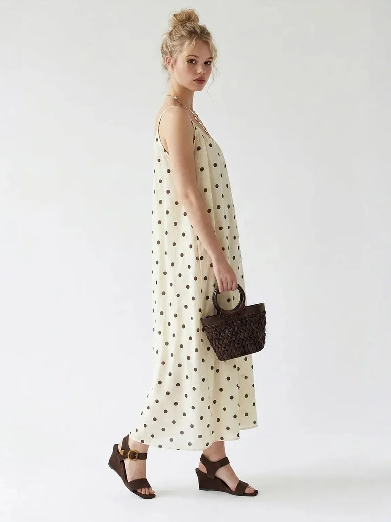 Mixray Cream Natural MIXRAY Polka Dot A-Line Maxi Dress for Women | Best Price UAE