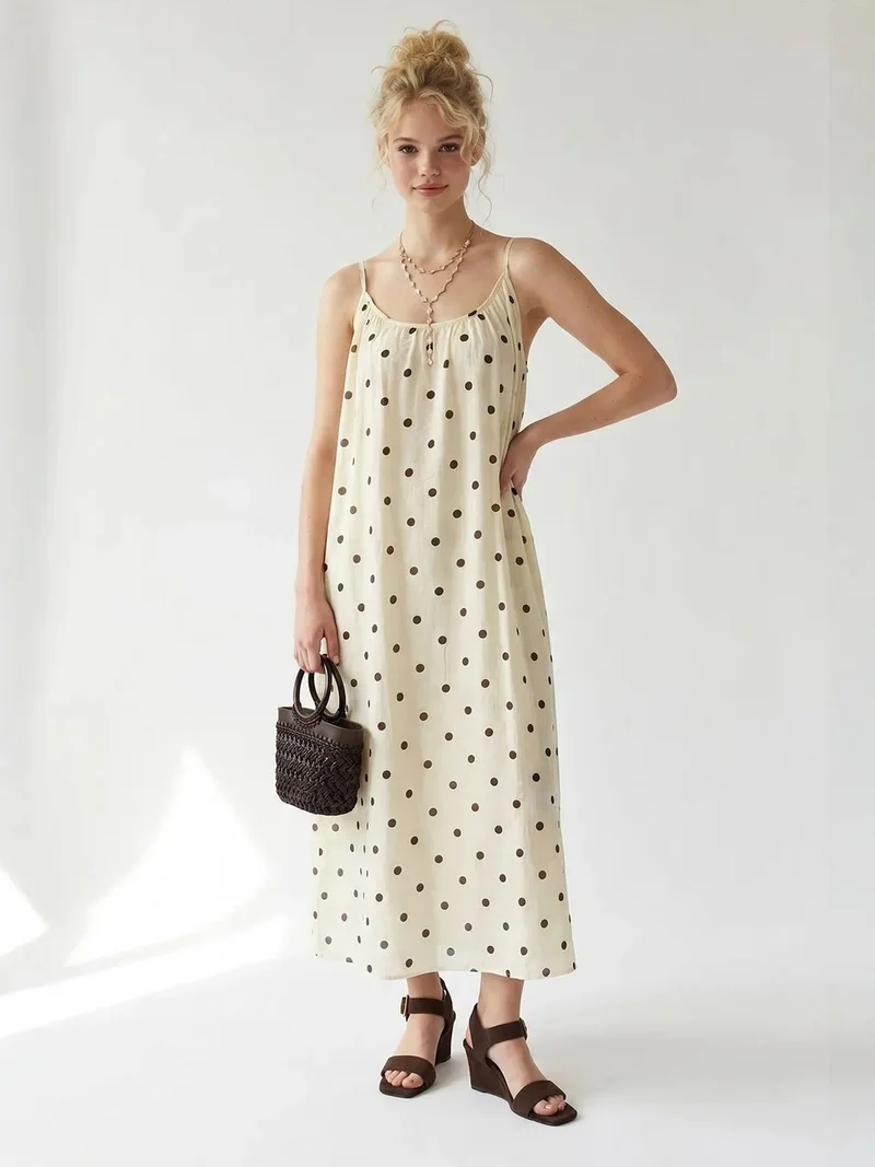 Mixray Cream Natural MIXRAY Polka Dot A-Line Maxi Dress for Women | Best Price UAE
