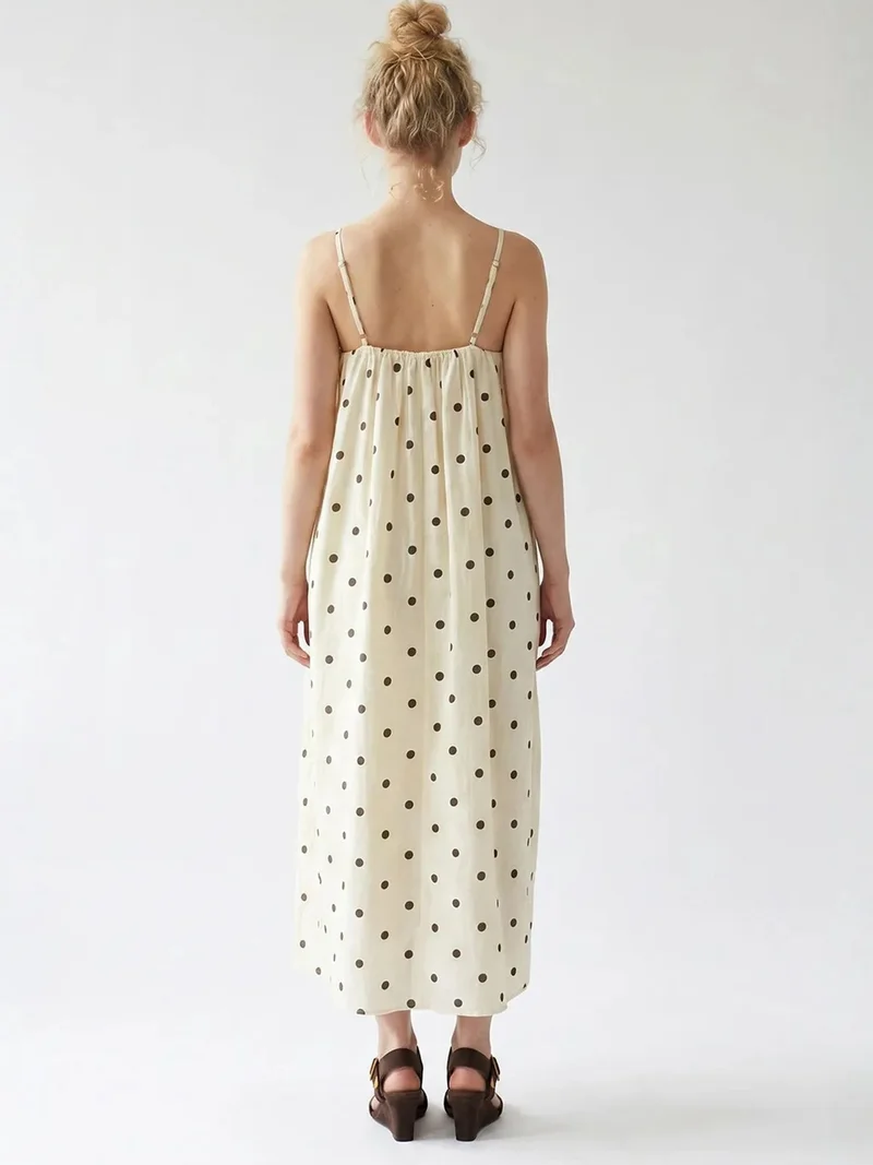 Mixray Cream Natural MIXRAY Polka Dot A-Line Maxi Dress for Women | Best Price UAE