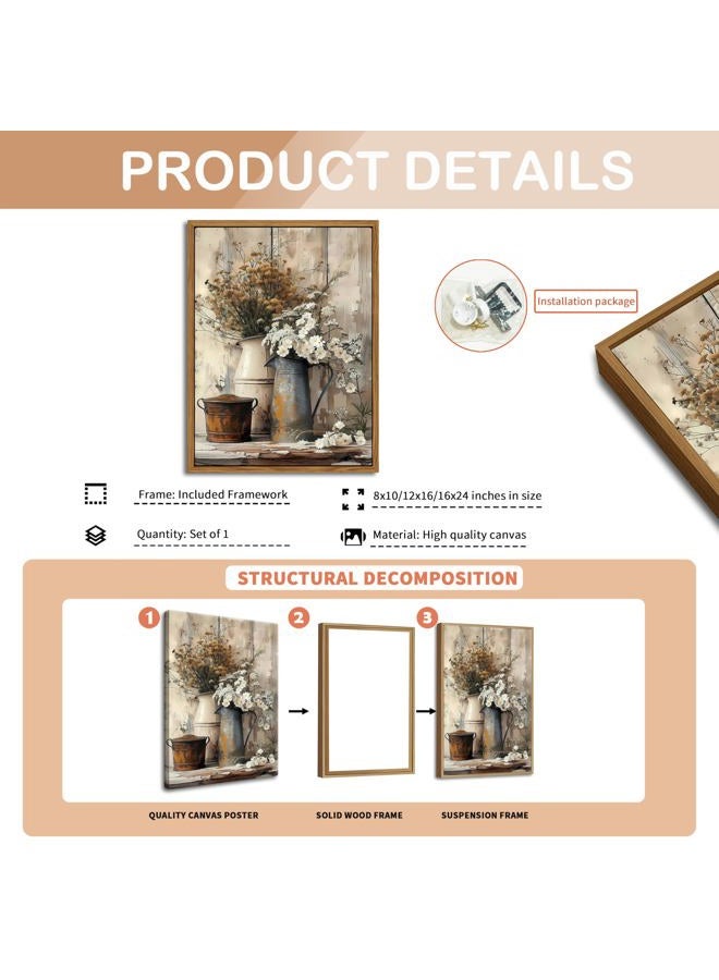 AKWISH Floating Framed Farmhouse Vintage Canvas Wall Art, Country Floral Daisy Pictures Wall Decor, Wood Grain Art Paintings Poster for Living Room Bedroom Bathroom Rustic Decor 16x24 inch - Image 5