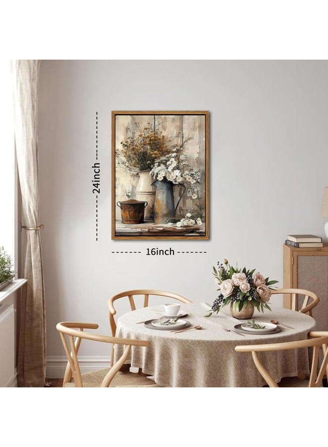 AKWISH Floating Framed Farmhouse Vintage Canvas Wall Art, Country Floral Daisy Pictures Wall Decor, Wood Grain Art Paintings Poster for Living Room Bedroom Bathroom Rustic Decor 16x24 inch - Image 3