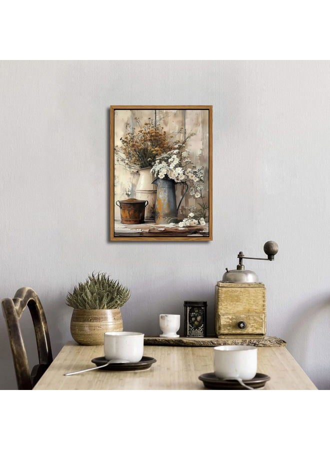 AKWISH Floating Framed Farmhouse Vintage Canvas Wall Art, Country Floral Daisy Pictures Wall Decor, Wood Grain Art Paintings Poster for Living Room Bedroom Bathroom Rustic Decor 16x24 inch - Image 4