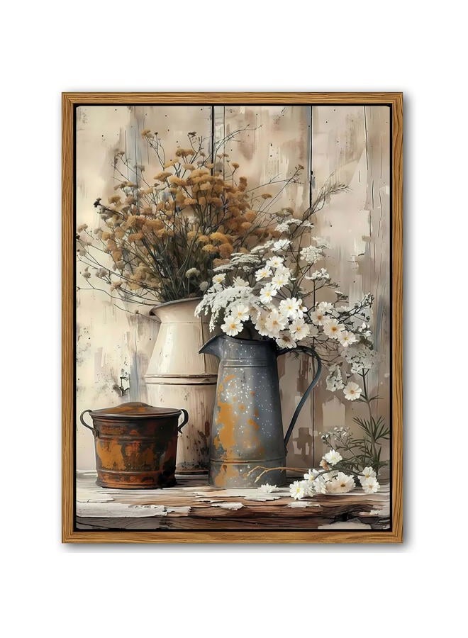 AKWISH Floating Framed Farmhouse Vintage Canvas Wall Art, Country Floral Daisy Pictures Wall Decor, Wood Grain Art Paintings Poster for Living Room Bedroom Bathroom Rustic Decor 16x24 inch - Image 1