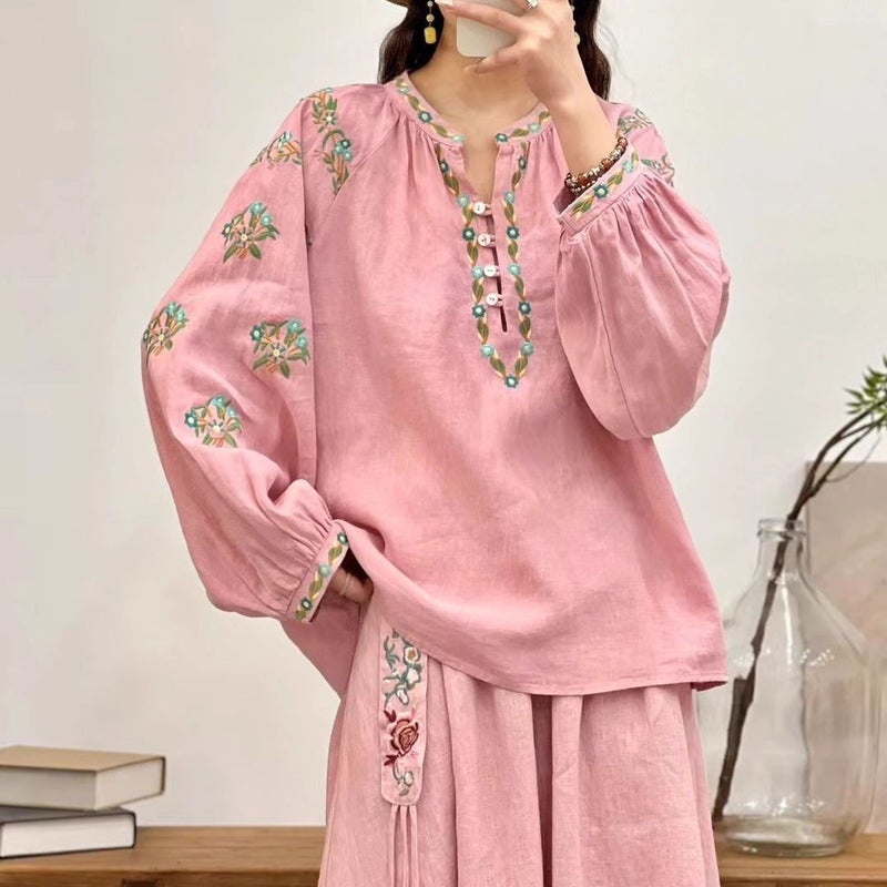 2024 Spring and Autumn New V-neck Top for Women Retro Artistic Chinese Ethnic Style Embroidered Design Long Sleeve Shirt for Women Red - Image 2