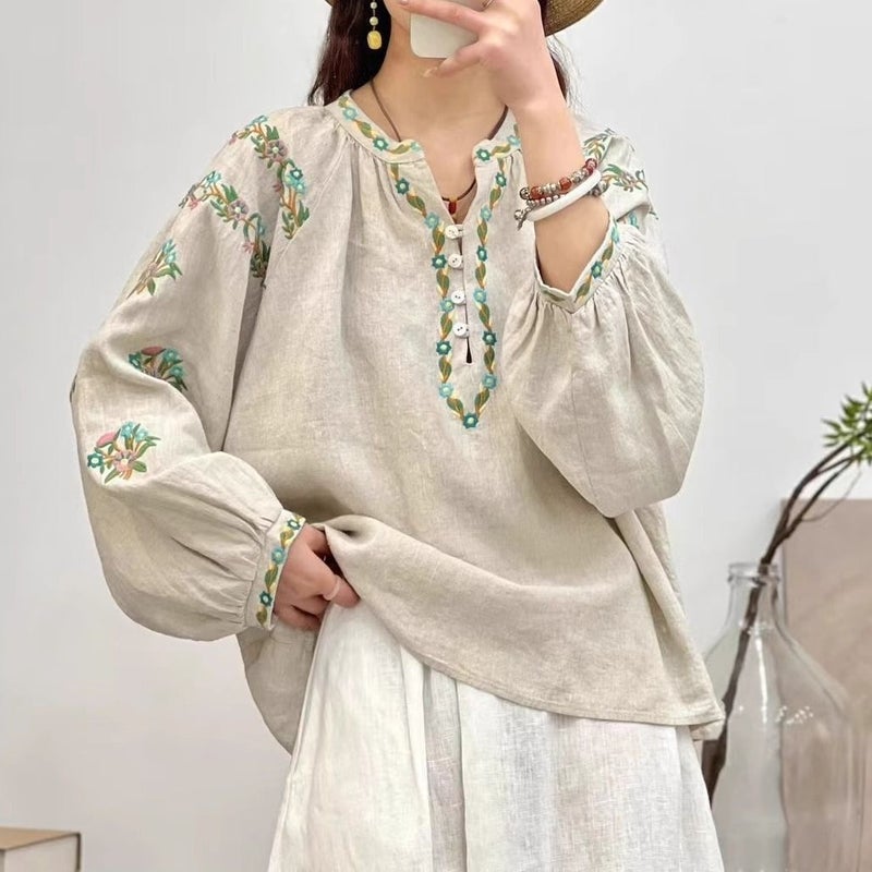 2024 Spring and Autumn New V-neck Top for Women Retro Artistic Chinese Ethnic Style Embroidered Design Long Sleeve Shirt for Women Red - Image 3