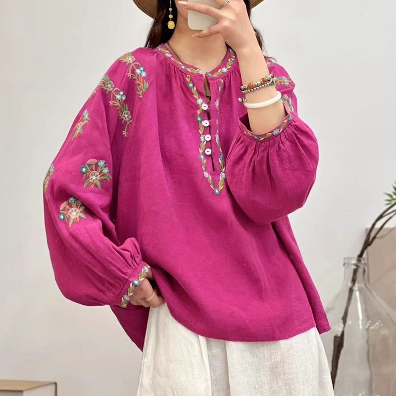 2024 Spring and Autumn New V-neck Top for Women Retro Artistic Chinese Ethnic Style Embroidered Design Long Sleeve Shirt for Women Red - Image 1
