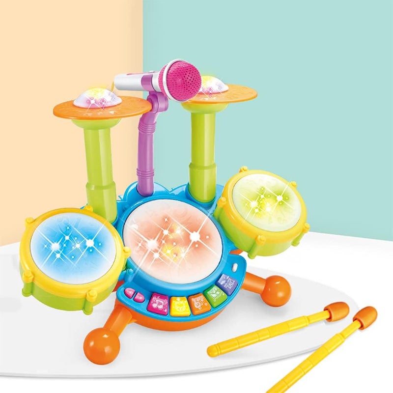 klarako Beginners Musical Tabletop Drum Kit Play Set with Drum Sticks, Microphone, Light Features, Interactive Music and Sounds for Babies Kids and Toddlers - Green - Image 2