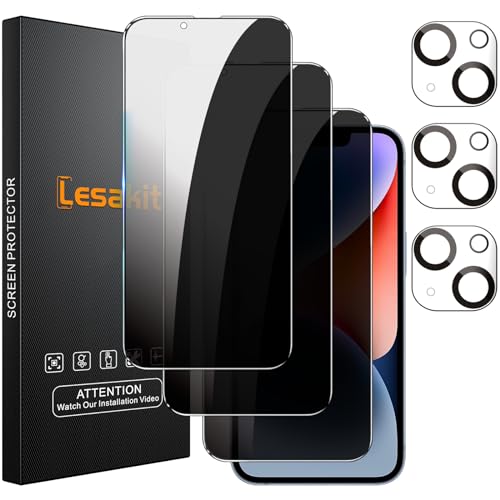 Lesakit 3+3 Pack Privacy Screen Protector for iPhone 14 6.1-Inch with 3 Pack Camera Lens Protector, Anti Spy Tempered Glass Film 9H Hardness Bubble Free Case Friendly - Image 1