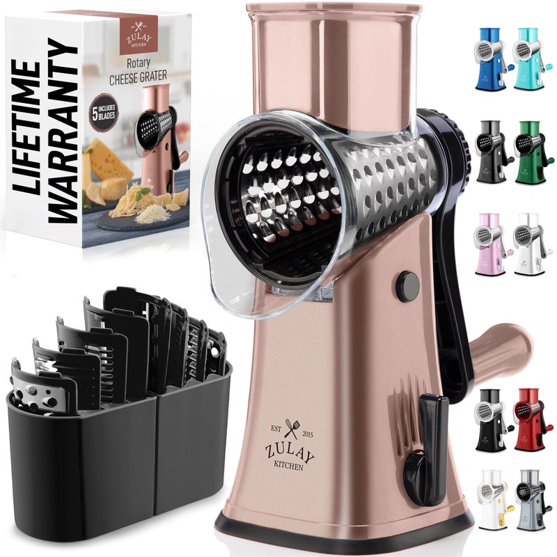 Zulay Kitchen Rotary Cheese Grater 5 Blade Cheese Shredder Manual Hand Crank Cheese Grater With Reinforced Suction 5 Interchangeable Drums Easy to Use Vegetable Chopper Round Mandoline Slicer - Image 2