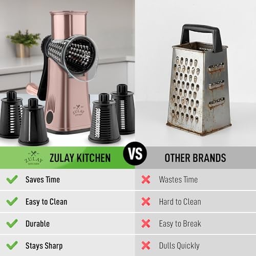 Zulay Kitchen Rotary Cheese Grater 5 Blade Cheese Shredder Manual Hand Crank Cheese Grater With Reinforced Suction 5 Interchangeable Drums Easy to Use Vegetable Chopper Round Mandoline Slicer - Image 3