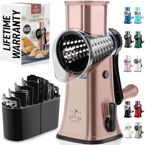 Zulay Kitchen Rotary Cheese Grater 5 Blade Cheese Shredder Manual Hand Crank Cheese Grater With Reinforced Suction 5 Interchangeable Drums Easy to Use Vegetable Chopper Round Mandoline Slicer - Image 1