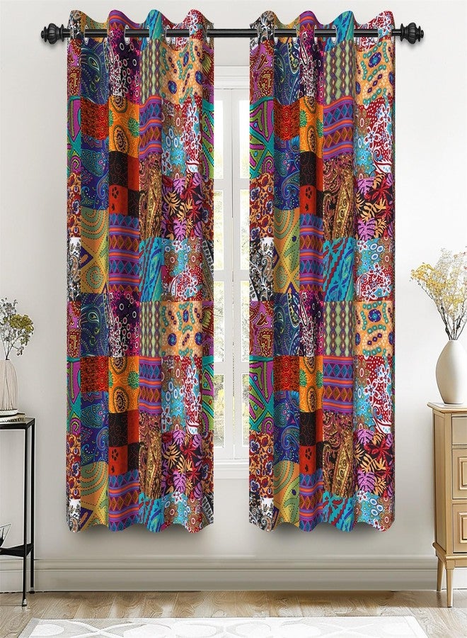 Renaiss 42 x 63 Inch Bohemian Blackout Curtains Patchwork Inspired Squares Mandala Blooms Folk Curtain Grommet Geometric Art Thermal Insulate Window Treatment Curtains for Living Room Bedroom 2 Panels - Image 1