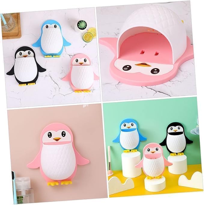 SUNBEET Toothbrush Holder, Plastic Wall Mounted Penguin Shape Storage Organizer for Bathroom with Self Adhesive Stick Multipurpose Wall Shelves (Multicolor) (Penguin Mounted-1) - Image 3