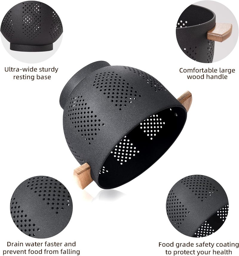BeFare Metal Colander with Wood Handle and Stable Base, Powder Coated Steel Kitchen Strainer Basket for Draining Pasta, Vegetable and fruit(3quart,Matte Black) - Image 3