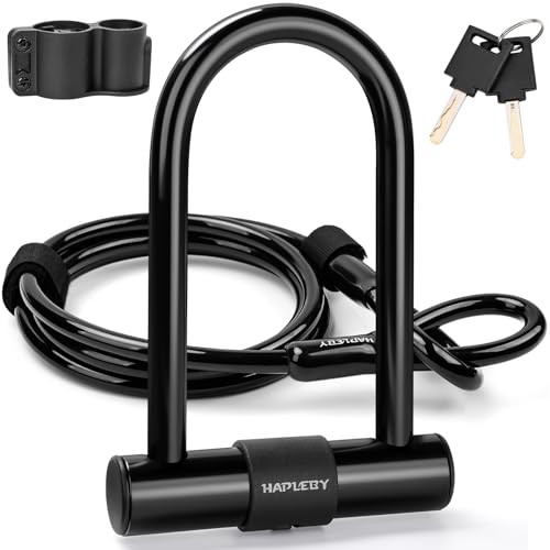 Hapleby Premium Bike Lock Set with 2 Keys, Bike U-Lock with 6 Feet Thickened Solid Steel Cable, Heavy Duty Anti Theft Bicycle U-Lock with Mounting Bracket for Road, Mountain, Folding Bike and Scooter - Image 1