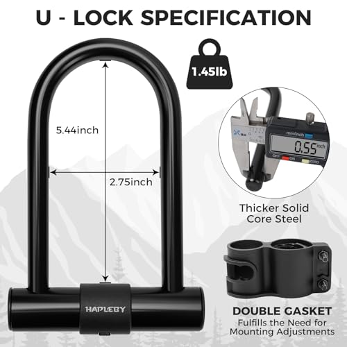 Hapleby Premium Bike Lock Set with 2 Keys, Bike U-Lock with 6 Feet Thickened Solid Steel Cable, Heavy Duty Anti Theft Bicycle U-Lock with Mounting Bracket for Road, Mountain, Folding Bike and Scooter - Image 5
