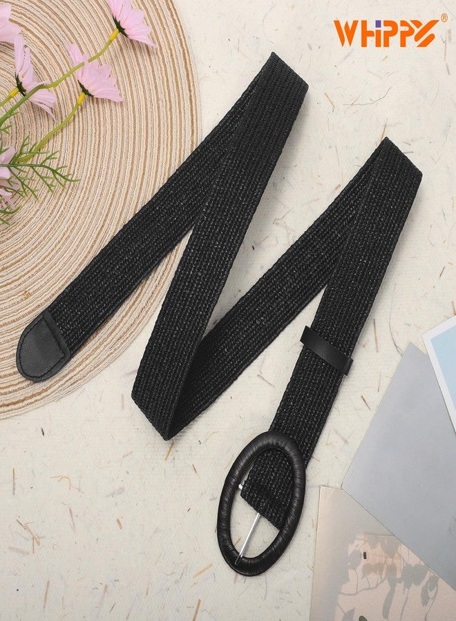 WHIPPY Women Straw Woven Elastic Stretch Waist Belt, Boho Braided Skinny Dress Belts for Women Black, M - Image 4