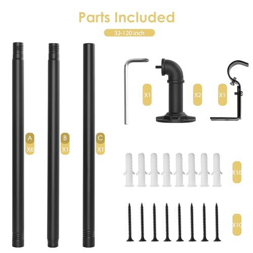 YAJUXIU Industrial Curtain Rod Adjustable 1 Inch Black Curtain Rods for Windows 66 to 120 Inch - Perfect Indoor/Outdoor, Room Divider Curtain Rod (30-120") - Image 4