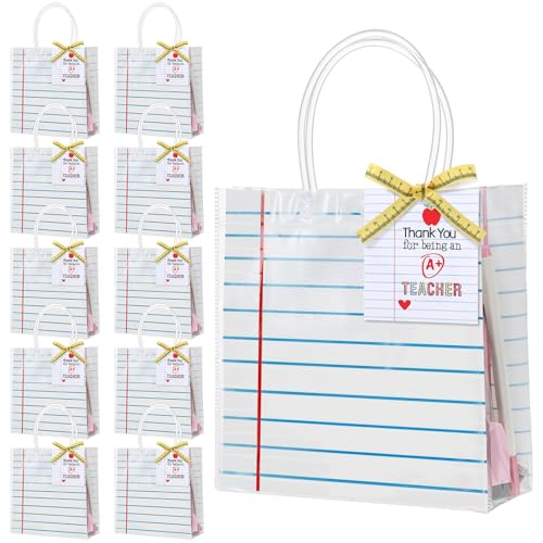 Frienda 24 Pcs Graduation Teacher Gift Bags with Measuring Tape Ribbon Teacher Appreciation Thank You Tags End of Year Back to School Clear PVC Notebook Gift Bags with Handle for Classroom Party Favor - Image 1