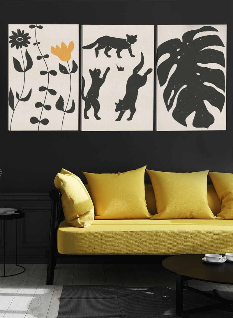 LOWHA Set Of 3 Framed Canvas Wall Arts Stretched Over Wooden Frame Cats Leaves Flower Abstract Paintings For Home Living Room Office Decor - Image 3