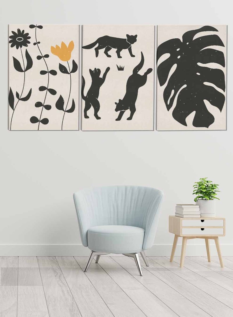 LOWHA Set Of 3 Framed Canvas Wall Arts Stretched Over Wooden Frame Cats Leaves Flower Abstract Paintings For Home Living Room Office Decor - Image 1