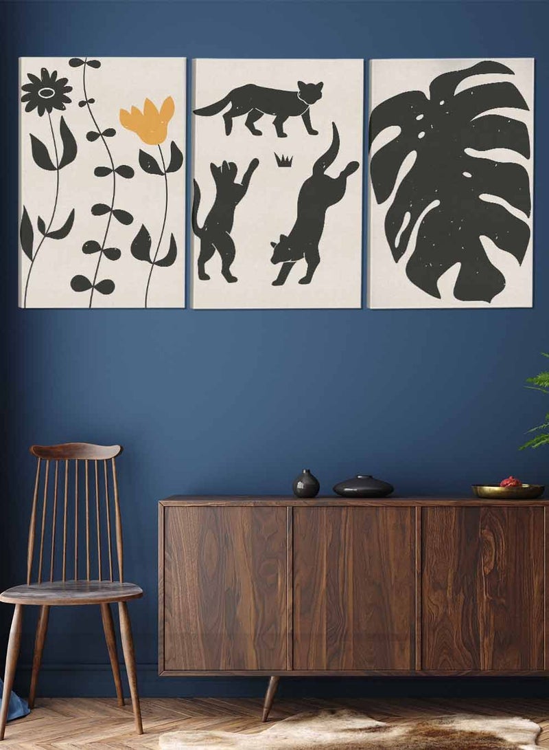 LOWHA Set Of 3 Framed Canvas Wall Arts Stretched Over Wooden Frame Cats Leaves Flower Abstract Paintings For Home Living Room Office Decor - Image 2