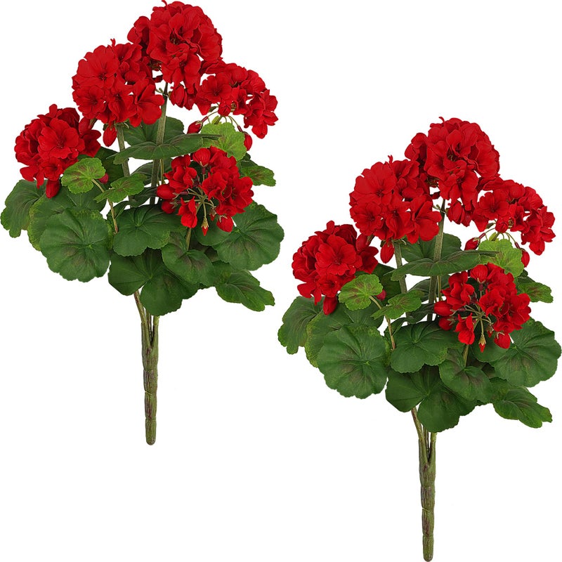 FOREST PRINCE 2 PCS 18" Artificial Geraniums for Outdoors, UV Resistant Red Silk Flowers for Window Box Porch Patio Garden Decor, Waterproof Ruby Red - Image 1