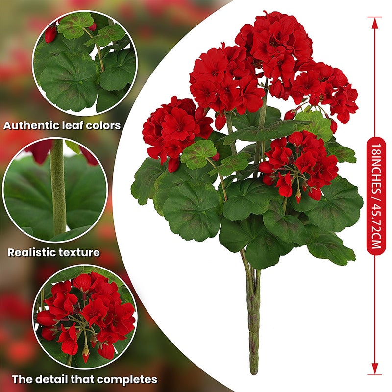 FOREST PRINCE 2 PCS 18" Artificial Geraniums for Outdoors, UV Resistant Red Silk Flowers for Window Box Porch Patio Garden Decor, Waterproof Ruby Red - Image 2