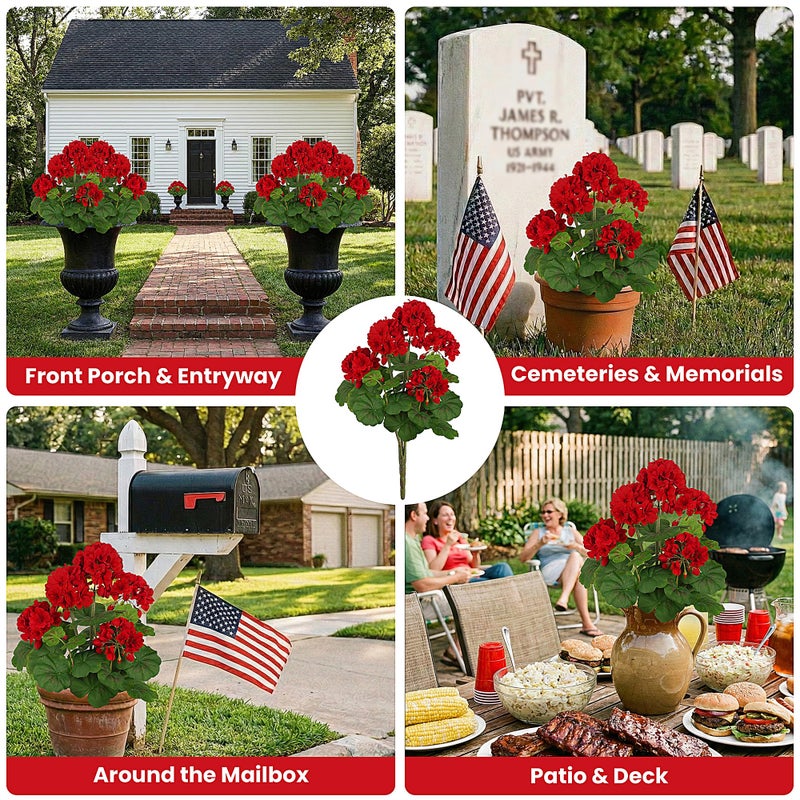 FOREST PRINCE 2 PCS 18" Artificial Geraniums for Outdoors, UV Resistant Red Silk Flowers for Window Box Porch Patio Garden Decor, Waterproof Ruby Red - Image 3